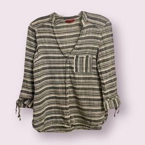 Guess Denim Blue & White Striped  3/4 Sleeve Button Front Blouse